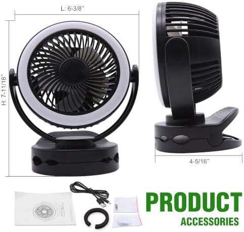 Facon Camping Fan with LED Light - 5000mAh Rechargeable Battery Powered Tent Fans, Hanging Hook & USB Output for Camping, RV, Home, Office, Power Outage, White - Image 7