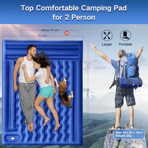 FNARMW Double Sleeping Pad Camping, Self Inflating 6'' Extra-Thick 2 Person Pillow Built-in Foot Pump Waterproof Inflatable Sleeping Mat Backpacking, Tent, Hiking, Portable Camping Pad (Navy Grey) - Image 3