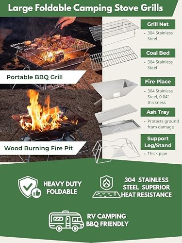 CAMPINGMOON Large Portable Campfire Fire Pit BBQ Grill Stainless Steel Foldable Collapsible Wood Burning Charcoal Grill for Heavy Duty Outdoor Cooking RV Camping, 20x13-inch, Carry Bag included MT-3 - Image 2