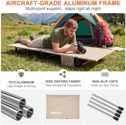 Height Adjustable Camping Cot, 350lbs Heavy-Duty Aluminum Frame, Khaki - Image 5