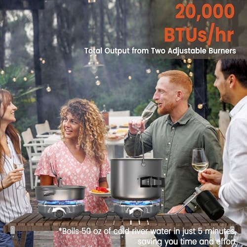 Cofiyard 20,000 BTUs 2 Burner Propane Camping Stove, Portable Folding Camp Stove with Adjustable Burners, Built-in Ignition and Carrying Bag, Dual Gas Stoves for Tailgating, Camping, BBQ Overland Grey - Image 3