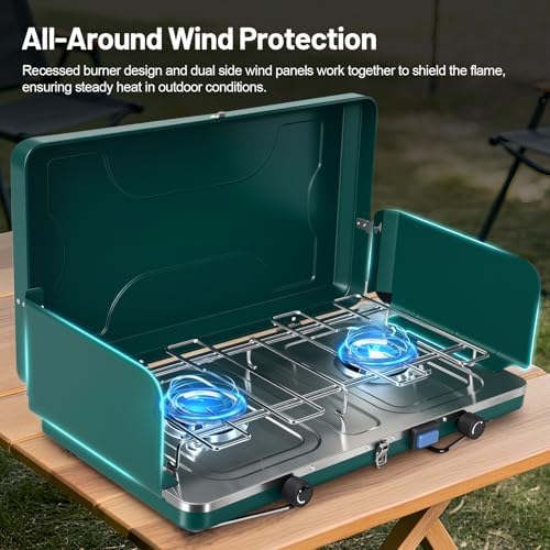 2-Burner Propane Stove, Portable Camping Cooktop with 2 Adjustable Burner and Wind Guards, 20000BTU Camping Stove with Ignition & Griddle for Camping,Tailgating, BBQ, Grilling,Outdoor Gear - Image 4