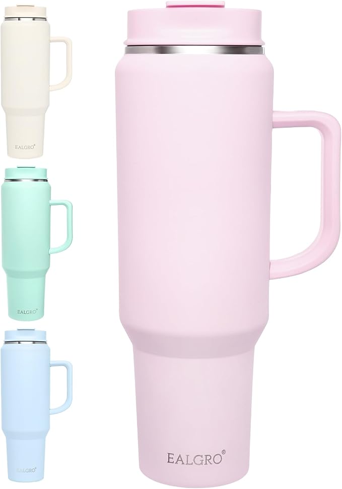 EALGRO 50 oz Tumbler with Handle, Insulated Tumblers with Lid and Straw, Large Metal Sports Water Bottle Jug, Thermal Stainless Steel Travel Coffee Mug Cup, Blush by EALGRO