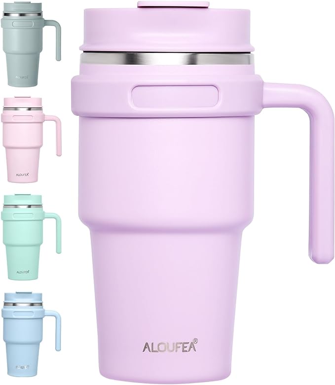 ALOUFEA 20 oz Insulated Coffee Mug Tumbler with Handle, Stainless Steel Travel Mug Tumbler with Lid and Straw,Double Wall Vacuum Leak Proof Ice Coffee Thermal Cup, Lavender by ALOUFEA