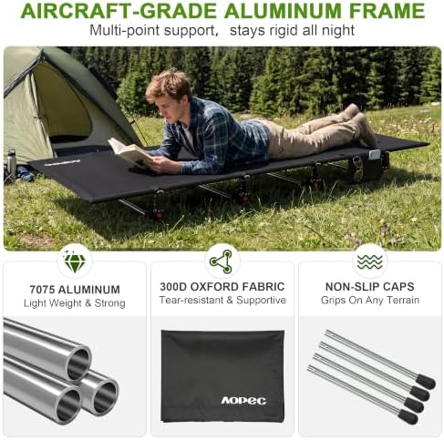 87" Extra Long Camping Cot, Heavy-Duty Aluminum Frame 440lbs, Black - Image 3