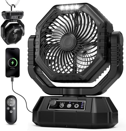 AJVV Camping Fan with Light, Remote and Oscillation, Battery Powered Hanging Tent Fan, Rechargeable Portable for Camp, Outdoor, Emergencies, Fishing, RV Travel, Jobsite by AJVV