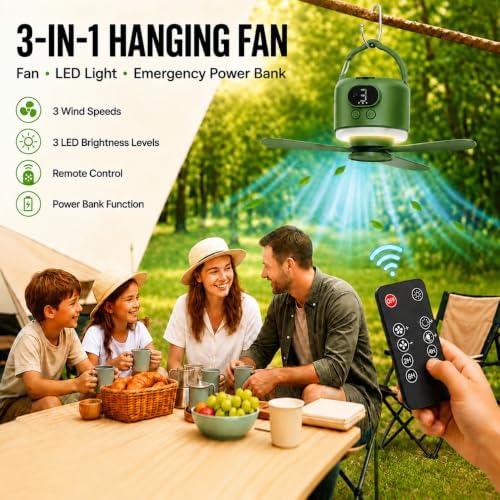 Camping Tent Fan with Light, Rechargeable Hanging Fan with Remote - Image 2