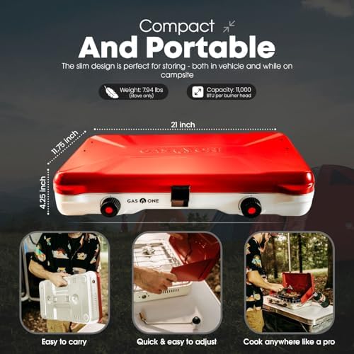 GasOne Portable Camping Stove – Double Propane Stove with Auto Twist Turn Ignition – 22,000 BTU Camping Cooktop with 2 Burners and Wind Guard – Ideal for Tailgating, Fishing, Travel, Red - Image 3