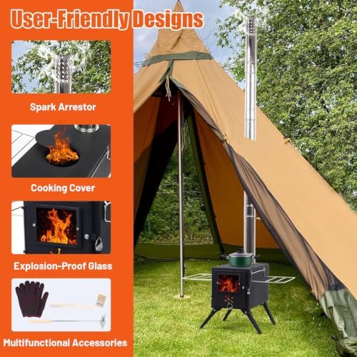 Hot Tent Stove,AVOFOREST Wood Burning Stove,Small Wood Stove with 7 Stainless Chimney Pipes for Outdoor Heating & Cooking, Ice Fishing, Hunting - Image 3