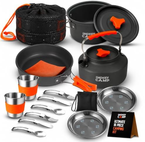 Smokey Camp Camping Cookware Mess Kit Set with Stove - Backpacking Camping Pots and Pans Set, All in One Non-Stick Camping Cooking Set, Portable Stove, Hiking, Picnic, Outdoor & Camping Cookware Set by SmokeyCamp