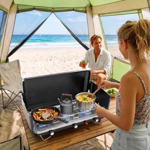 ROVSUN 3 Burner Portable Camping Stove with Igniter, 30000 BTU Propane Camp Stove with Adapter, Built-in Handle & Foldable Wind Panel for Outdoor Camping, Tailgating, Grilling - Image 7