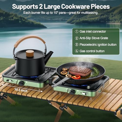 Portable Camping stove, 2 Burner Foldable Camping Stove with Griddle and Carrying Bag & Hose, 8600BTU Portable Propane Camp Stove with Ignition & 2 Adjustable Burners,for Camping Tailgating BBQ Grill - Image 5