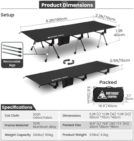 ONETIGRIS SUPRANUBIS Camping Cot, Height Adjustable with Cot Leg Extenders, Strong Support 330lbs, Lightweight Comfortable Folding Bed for Camping, Hiking, Travel, Truck, Beach, Office Nap - Image 6