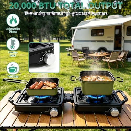 2 Burner Camping Stove 24000 BTU, Portable Propane Camp Stove Set, Black - Image 2