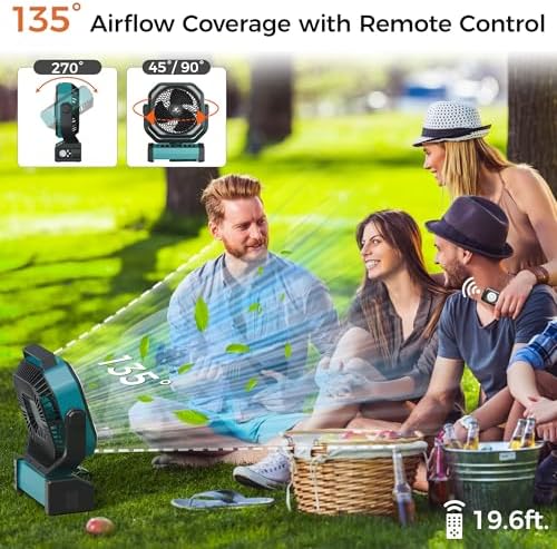 Camping Fan with Light - 20000mAh Rechargeable Battery Tent Fan, 112Hrs Max, 8 Speeds, Digital Display, Timer, Auto Oscillation, 270° Pivot & Hook for Garage, RV, Hurricane, Co-Branded with AMACOOL - Image 6