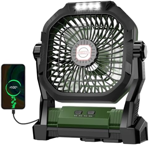Camping Fan Rechargeable, 20000mAh Battery Powered Portable Fan with LED Light, 4-Speed 180° Adjustable, Camping Essentials for Tent, Travel, Car, Outdoor, Indoor, BBQ, Fishing, Jobsite - Green by Unknown
