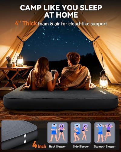 Hikenture 4" Thick Self Inflating Sleeping Pad, Foam & Air Camping Mattress - Image 3