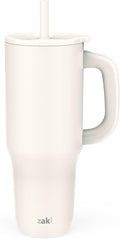 Zak Designs Sutton Travel Tumbler for On the Go, 40oz Stainless Steel with Vacuum Insulation, Silicone Straw, and Carry Handle for Cold Drinks (Cream White) by ZakDesigns