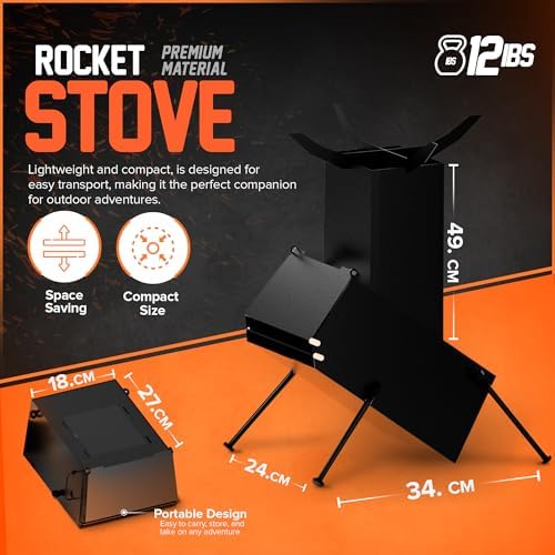 Rocket Stove for Camping Heavy Duty Wood Burning Stove with Adjustable Legs, Portable Wood Burning Fire Camping Stove, Cooking Camping Grilling Outdoor Backyard BBQ Stove with Storage Bag, Rod, Gloves - Image 2