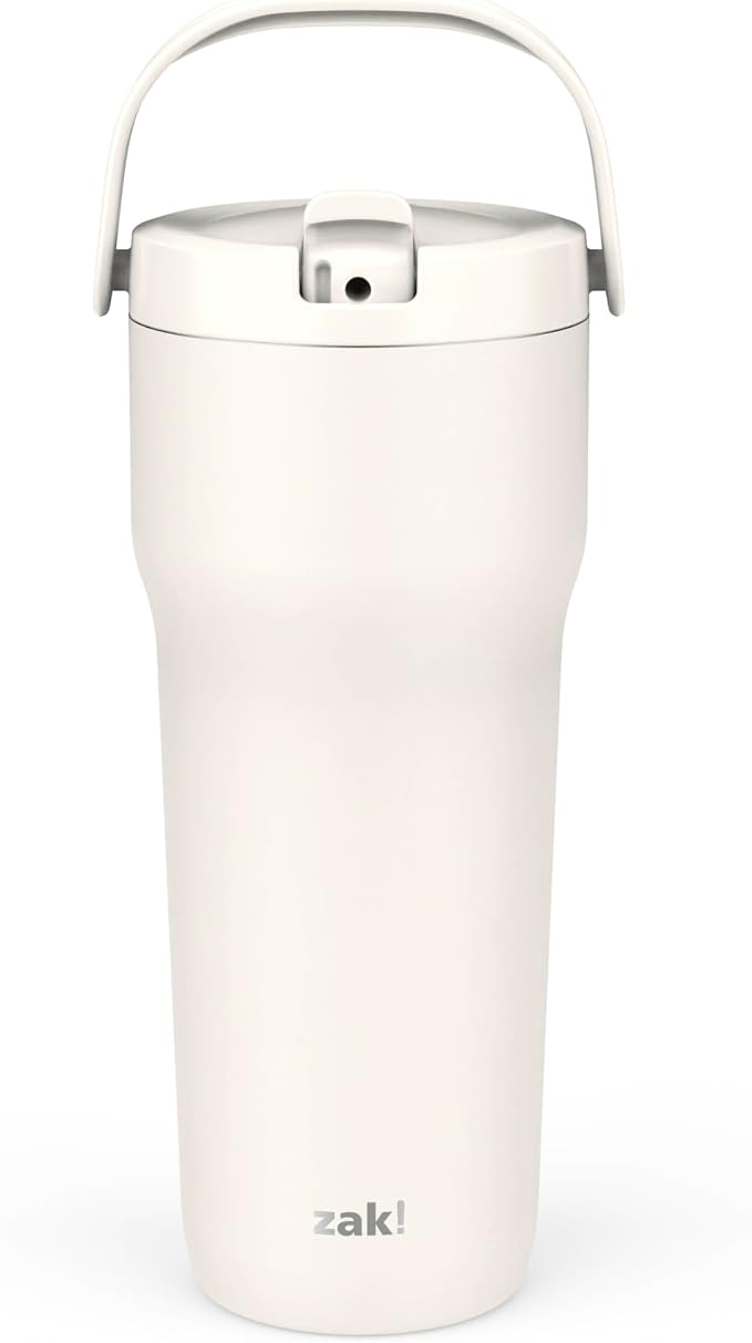 Zak Designs Sutton Travel Tumbler for On the Go, 30oz Stainless Steel with Vacuum Insulation, Straw Spout, Carry Handle for Cold Drinks (Cream White) by ZakDesigns