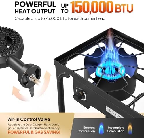 ROVSUN 2 Burner Outdoor Propane Gas Stove with Adjustable Regulator, 150,000 BTU High Pressure Stand Cooker for Backyard Cooking Camping Home Brewing Canning Turkey Frying - Image 2