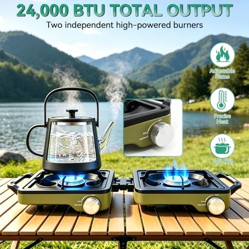 2 Burner Portable Camp Stove, 24000 BTU Propane Camping Stove with Windshield, Folding Gas Stove with Carry Bag, Compact Camping Essentials Gear for BBQ, Picnic, Outdoor Cooking, Grilling, Green - Image 2