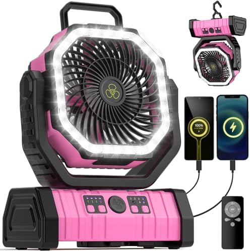 Camping Fan - 20000mAh Battery Powered Fan Rechargeable with LED Lantern - Portable Outdoor Tent Fans with Hanging Hook 4 Speeds Wind Remote Control, Pink by VOSFEEL