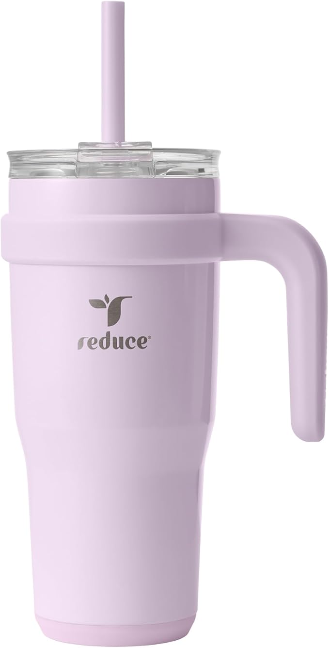 REDUCE 24 oz Stainless Steel Tumbler with Handle - Dual-Wall Vacuum Insulated Travel Mug, Sweat-Proof Lid & Reusable Straw - Keeps Drinks Cold for 24 Hrs, Fits Cupholders, Dishwasher Safe - Lilac Bud by Reduce