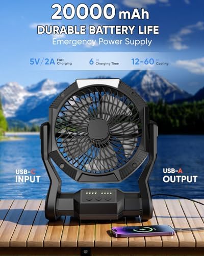 Portable Rechargeable Fan, 20000mAh Battery Powered Camping Fan with LED Light & Hook, 270° Adjustable, 4-Speed,4-Timer Camping Essentials for Outdoor Tent Travel BBQ Car, Gifts for Men Dad_Dark Black - Image 5