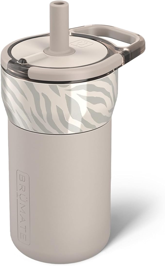 BrüMate Leap 12oz 100% Leakproof Kids Tumbler with Handle and Silicone Soft Straw | Drop Resistant Silicone Sleeve | For Kids 4+ | Insulated Stainless Steel | Cup Holder Friendly | 12oz (Zebra) by Br%C3%BCMate