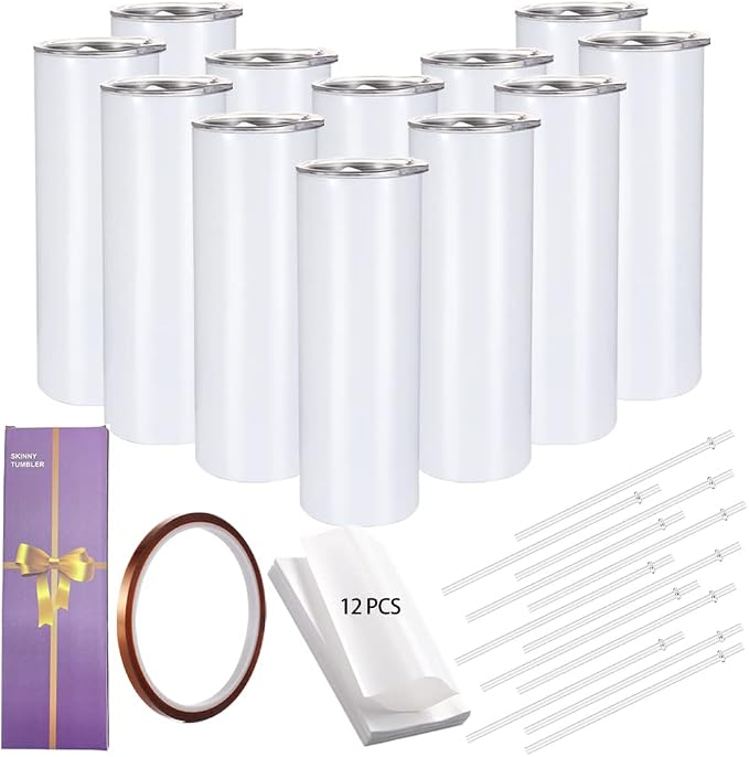 YOUKE OLA 12 Pack Straight Skinny Sublimation Tumblers 20oz for Heat Transfer, Bulk Sublimation Blanks Individually Boxed, Double Wall Insulated Tumbler with Shrink Films & Heat Tape, White (12) by YOUKEOLA