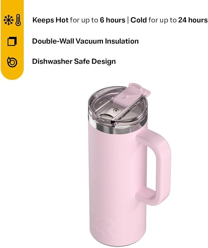 RTIC 20oz Road Trip Travel Mug with Lid and Handle, Ceramic Lined, Insulated, Stainless Steel, Metal, Double Wall Vacuum-Insulation, Portable Coffee, Tea Cup for Hot and Cold Drink, Pale Pink - Image 2