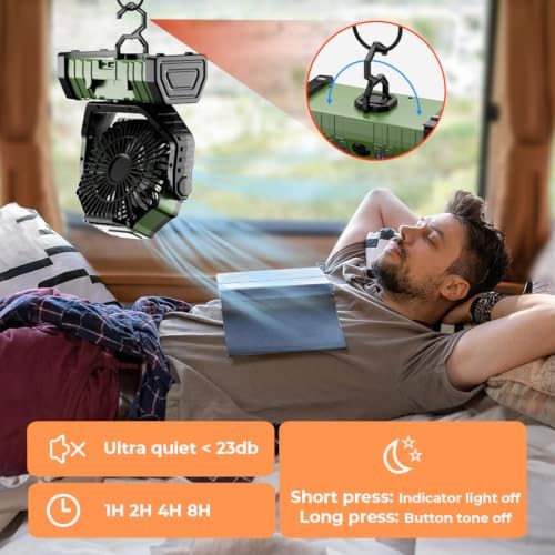 Camping Fan - 20000mAh Battery Powered Fan Rechargeable with LED Lantern - Portable Outdoor Tent Fans with Hanging Hook 4 Speeds Wind Remote Control, Green - Image 3