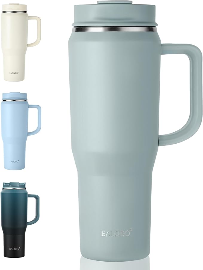 EALGRO 40 oz Tumbler with Handle, Insulated Tumblers with Lid and Straw, Large Metal Sports Water Bottle Jug, Thermal Stainless Steel Travel Coffee Mug Cup, Sage Green by EALGRO