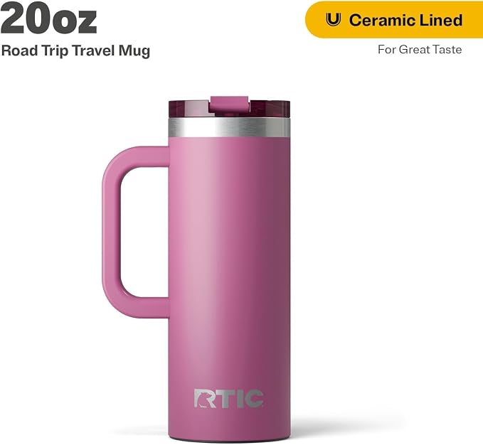 RTIC 20oz Road Trip Travel Mug with Lid and Handle, Ceramic Lined, Insulated, Stainless Steel, Metal, Double Wall Vacuum-Insulation, Portable Coffee, Tea Cup for Hot and Cold Drink, Orchid - Image 2