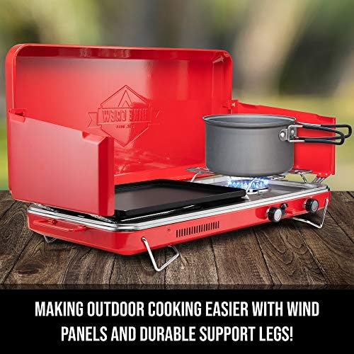 Hike Crew 2-in-1 Gas Camping Stove and Griddle, Portable Propane Burner w/Integrated Igniter & Stainless Drip Tray | Built-in Carrying Handle, Foldable Legs & Wind Panels | Includes Regulator - Image 3