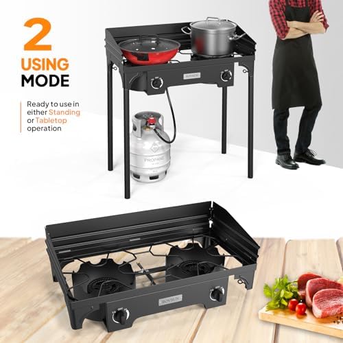 ROVSUN 2 Burner Outdoor Camping Stove with Wind Panel, 150,000 BTU Propane Burner, Gas Cooker with Detachable Legs & CSA Regulator for Home Camp Paito Cooking Frying Canning - Image 4