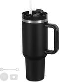 40 Oz Tumbler with Handle, Double Wall Vacuum Insulated Stainless Steel Tumbler with Lid and Straw, 40 oz cup with Silicone Spill Proof Stopper Set (Black-1) by Temolulu
