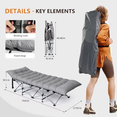 VINGLI Folding Camping Cot Bed,Camping Cots for Adults with Mattress, Foldable Cots for Sleeping with Pillow 1200D Layer Oxford for for Guest,Travel,Hiking-Grey 2P - Image 2