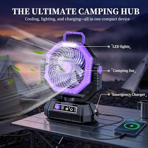 AJVV Camping Fan with Light, Remote and Oscillation, Battery Powered Hanging Tent Fan, Rechargeable Portable for Camp, Outdoor, Emergencies, Fishing, RV Travel, Jobsite - Image 2