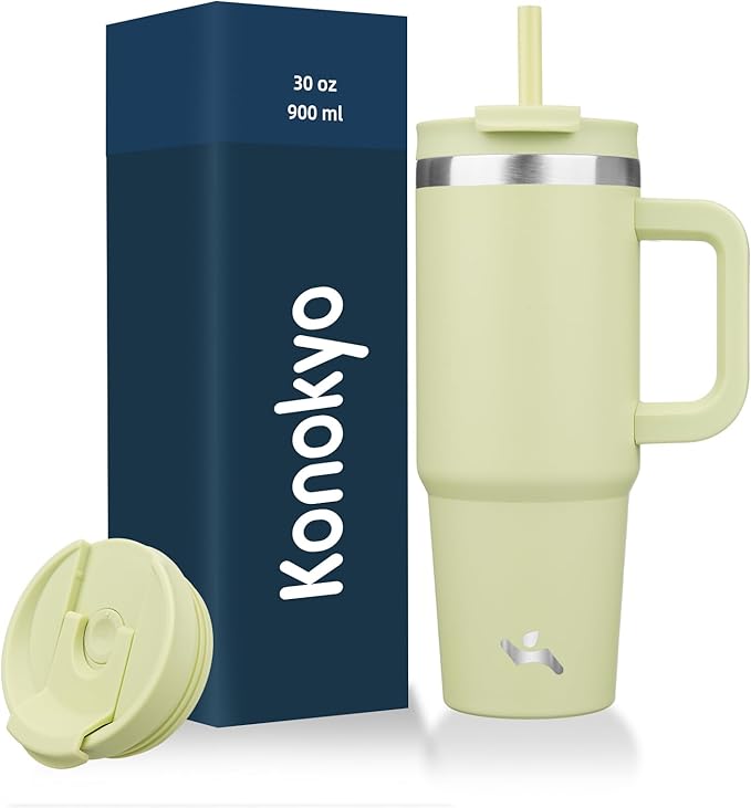 Konokyo 30 oz Tumbler with Handle and 2 Straws,2 in 1 Lid Insulated Water Bottle Stainless Steel Travel Coffee Mug,Macaron Green by Konokyo