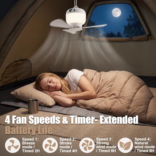 Camping Fan with Light & Remote, Portable Ceiling Fan Wireless Rechargeable Tent Fan with 4 Speeds,3 Light Modes,Timer, Battery Powered Fan for Tents, Canopy, Beach, RV, Car, Camper & Outdoor - Image 5