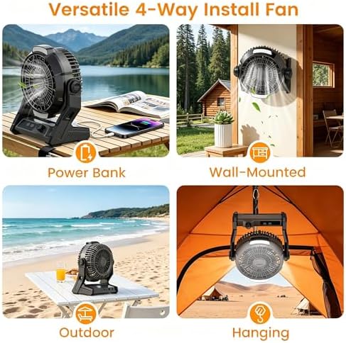 COWSAR Camping Fan Rechargeable, 10000mAh Battery, 100-Speed Adjustable, 3-in-1 Desk & Hanging Fan, Timer & Night Light, Outdoor USB Power Bank Fan for Tent Travel Bedroom Office - Image 5