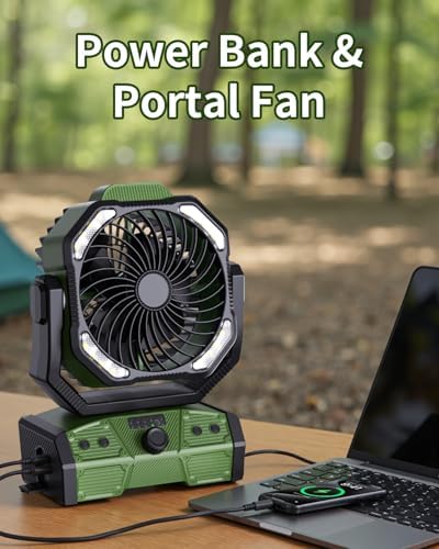 Camping Fan with Remote, 30000mAh Rechargeable Battery Operated Tent Fans with LED Light & Hook, Quiet USB-C Fan for Outdoor Camping, Power Outage, Car, Travel(Green) - Image 6
