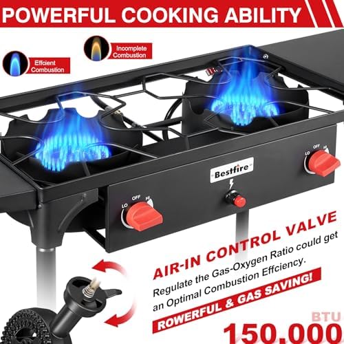 Bestfire 2 burner Camping Stove with Auto Ignition Button,Side Shelves & Regulator150,000 BTU High Pressure Gas Stove Propane Burner With Removable Legs for Outdoor BBQ&Backyard Cooking Camping Home - Image 4