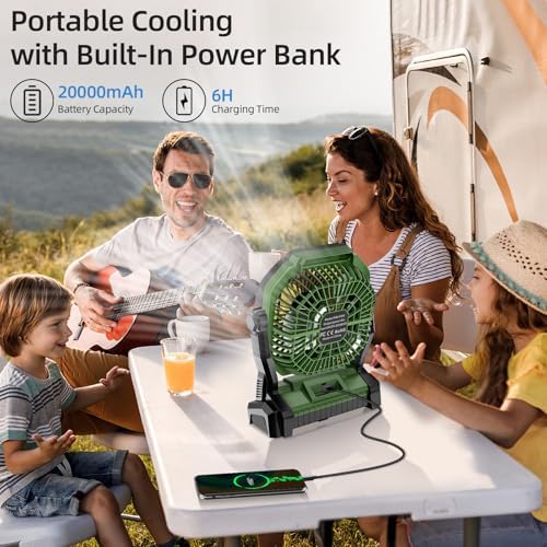 Camping Fan Rechargeable, 20000mAh Battery Powered Portable Fan with LED Light, 4-Speed 180° Adjustable, Camping Essentials for Tent, Travel, Car, Outdoor, Indoor, BBQ, Fishing, Jobsite - Green - Image 6