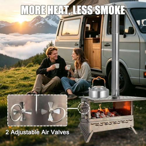 Camping Wood Burning Stove, Hot Tent Stove with Extra Baking Tray, Outdoor Stainless Steel Stove with 6 Chimney Pipes for Outdoor Camping, Cooking - Image 2