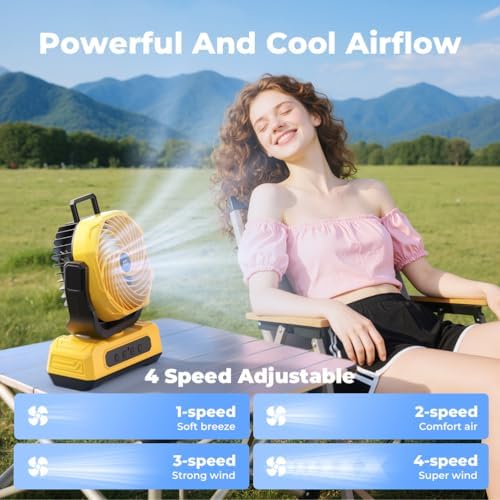 30000mAh Portable Camping Fan with RGB Lantern, Rechargeable Battery Powered Oscillating 4 Wind Speeds LED Display, Remote Control Timer Tent Beach Cordless USB Fans for Travel Home Outdoor, Yellow - Image 4