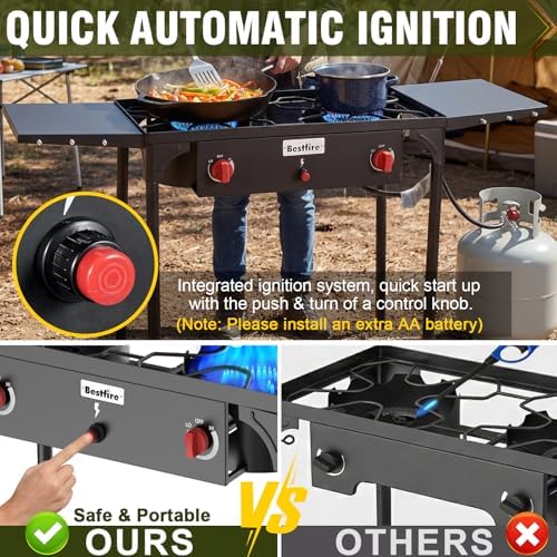 Bestfire 2 Burner Propane Camping Stove with 2 Side Shelves,Safer & Convenient Auto Ignition,150,000 BTU High Pressure,CSA-Certified, 30s Tool-Free Setup, Portable, Estufa De Gas Portatil - Image 2