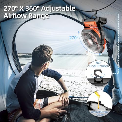 Camping Fan Rechargeable, 20000mAh Battery Powered Portable Fan with LED Light, 4-Speed 180° Adjustable, Camping Essentials for Tent, Travel, Car, Outdoor, Indoor, BBQ, Fishing, Jobsite - Orange - Image 5